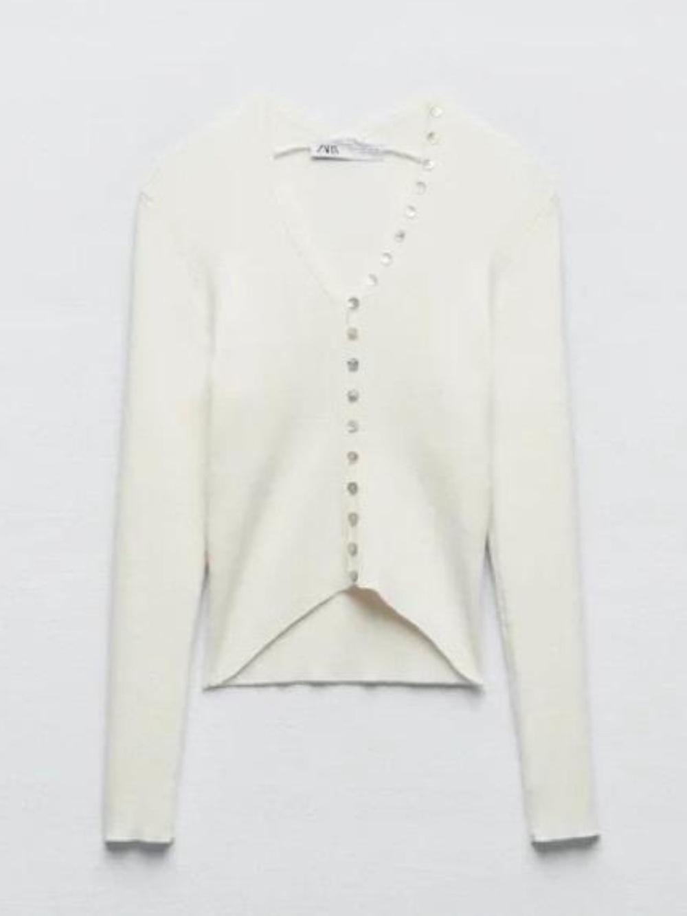Zara Off-White Ribbed V-Neck Button-Up Sweater
